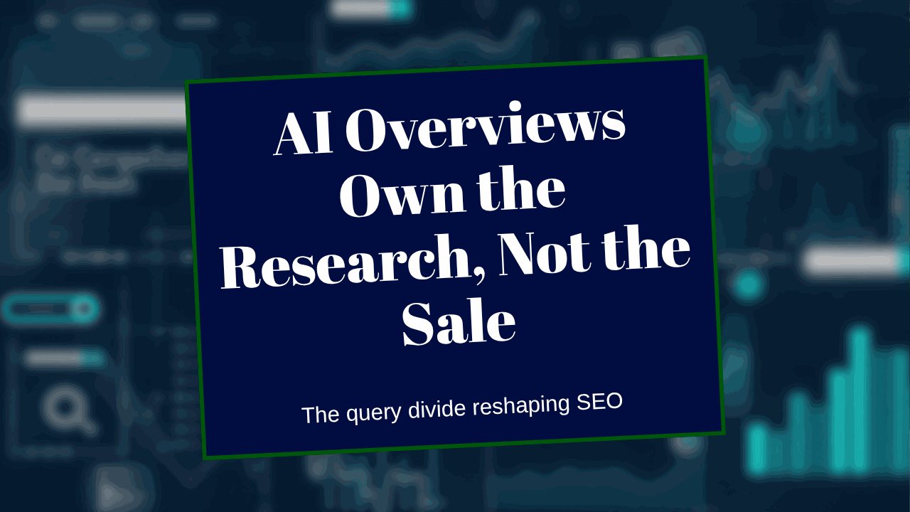 A search results page splitting into two paths, one labelled research absorbed by an AI answer and one labelled buy still sending a clean click