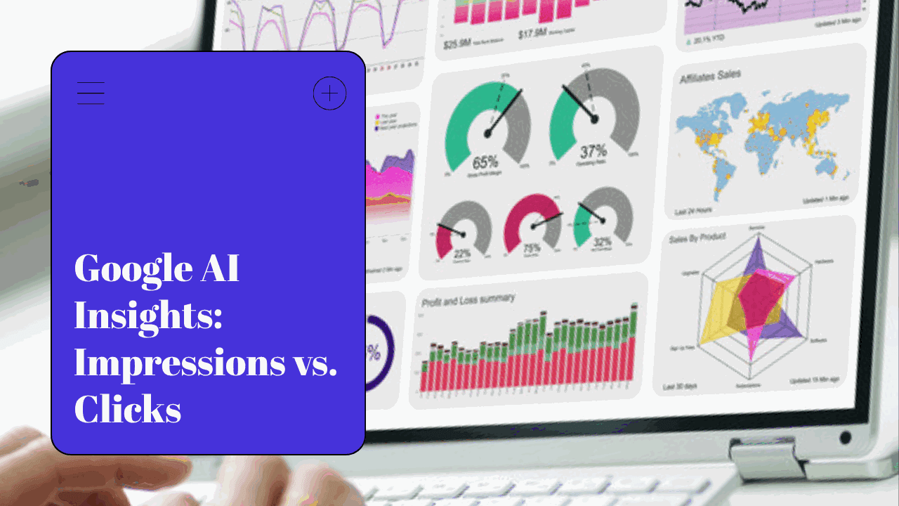 An analytics dashboard on a laptop beside a panel reading Impressions vs Clicks, illustrating Google's new AI Overviews report in Search Console, by SEO Turtle