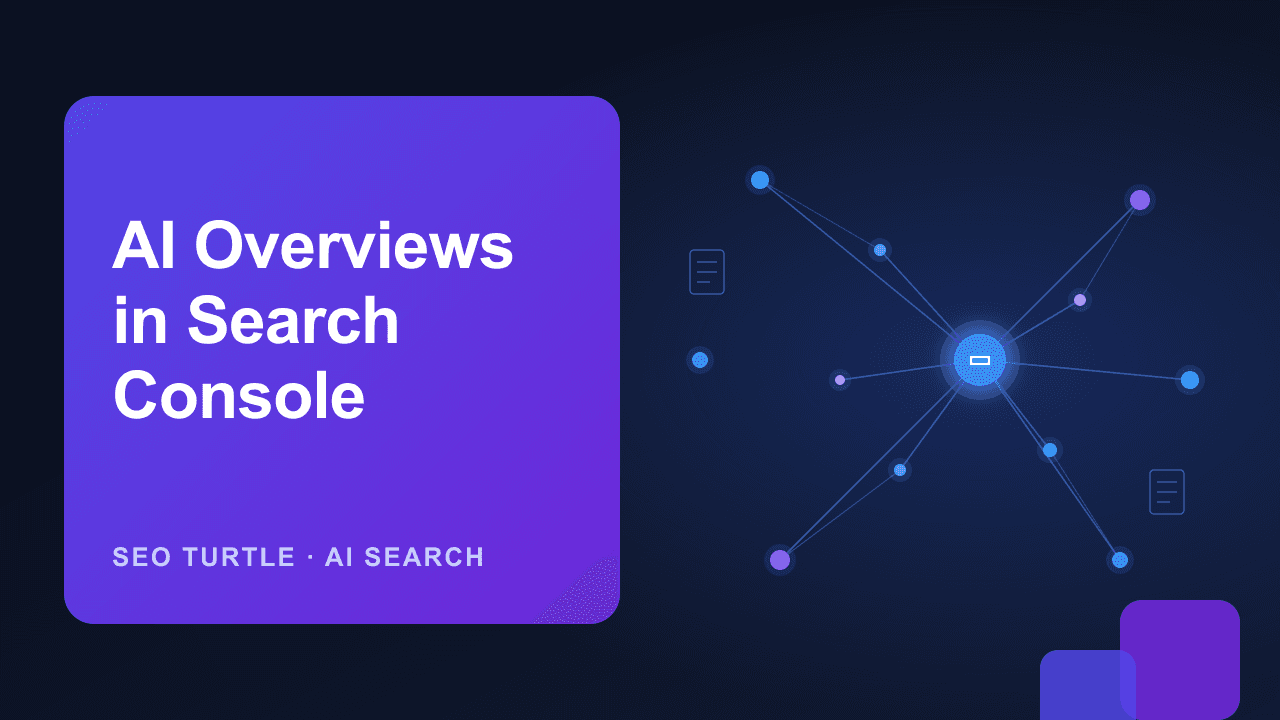 An analytics dashboard on a laptop beside a panel reading Impressions vs Clicks, illustrating Google's new AI Overviews report in Search Console, by SEO Turtle