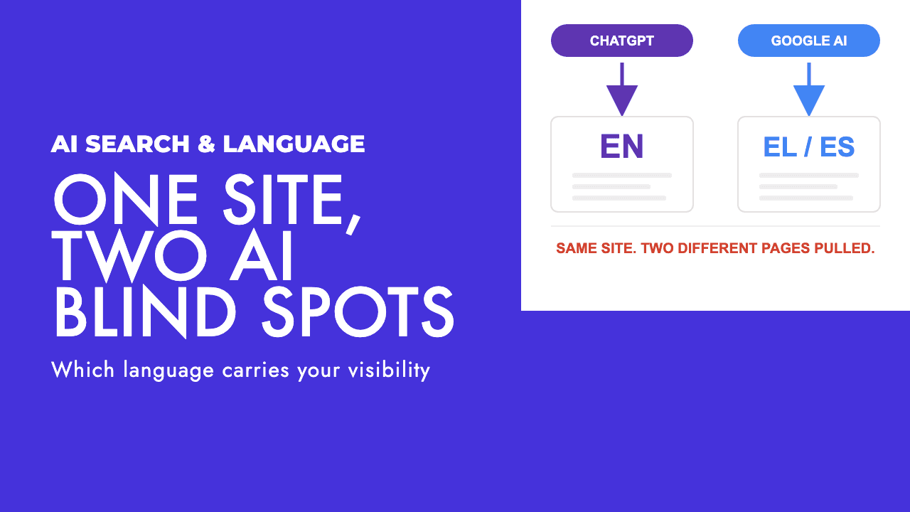 Split diagram showing ChatGPT pulling English pages while Google AI Overviews pulls local language pages, by SEO Turtle