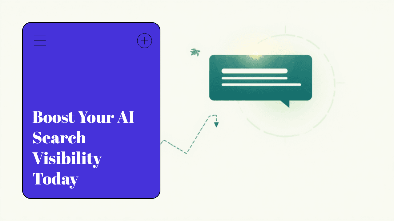 AI search visibility illustrated by SEO Turtle, a brand appearing inside an AI answer box with a faint trickle of clicks below it
