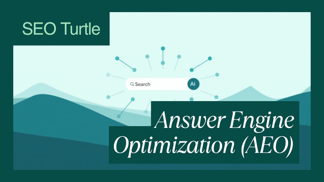 Answer Engine Optimization (AEO) 2026 guide from SEO Turtle, with an AI search box and connected nodes