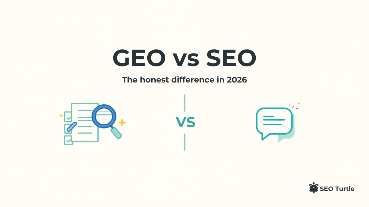 GEO vs SEO in 2026 comparison from SEO Turtle, weighing generative engine optimization against search engine optimization