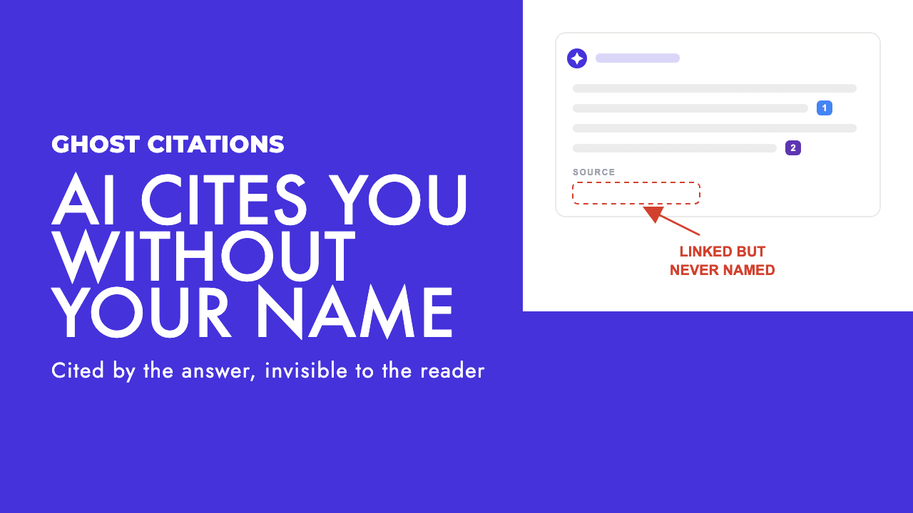 Diagram showing an AI answer citing a source link without naming the brand behind it, by SEO Turtle