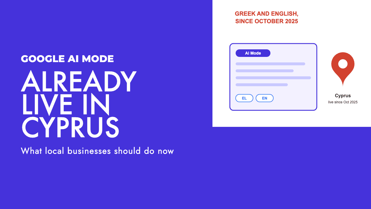 Google AI Mode answer card in Greek and English next to a Cyprus map pin, illustrating that AI Mode is already live in Cyprus, by SEO Turtle