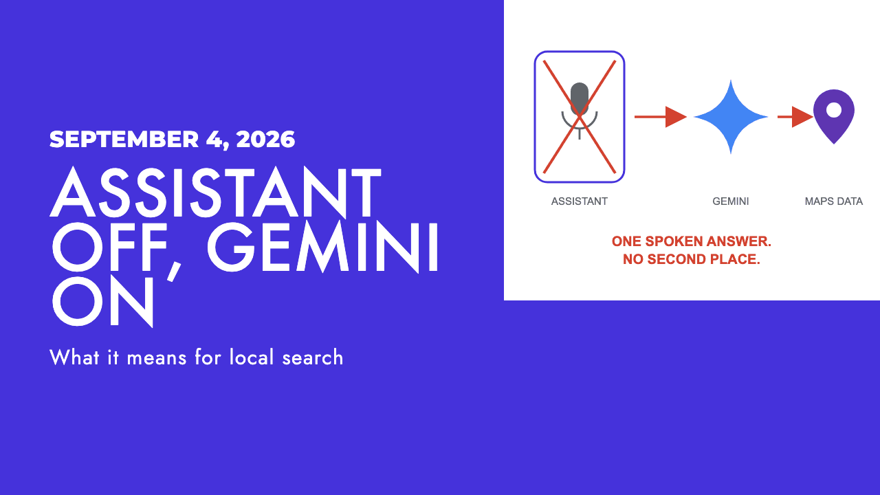 Diagram showing a voice query moving from Google Assistant to Gemini grounded in Google Maps data, by SEO Turtle