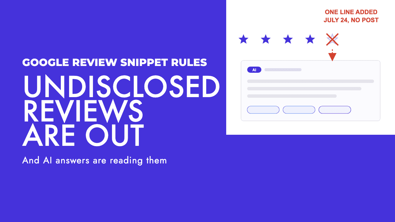 A five star rating with one star crossed out in red beside an AI answer panel, illustrating Google's new rule on fake and undisclosed incentivized reviews, by SEO Turtle