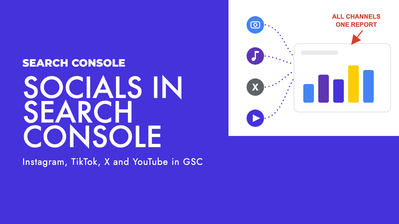 Google Search Console dashboard showing Instagram, TikTok, X and YouTube icons feeding into a Search performance chart, by SEO Turtle