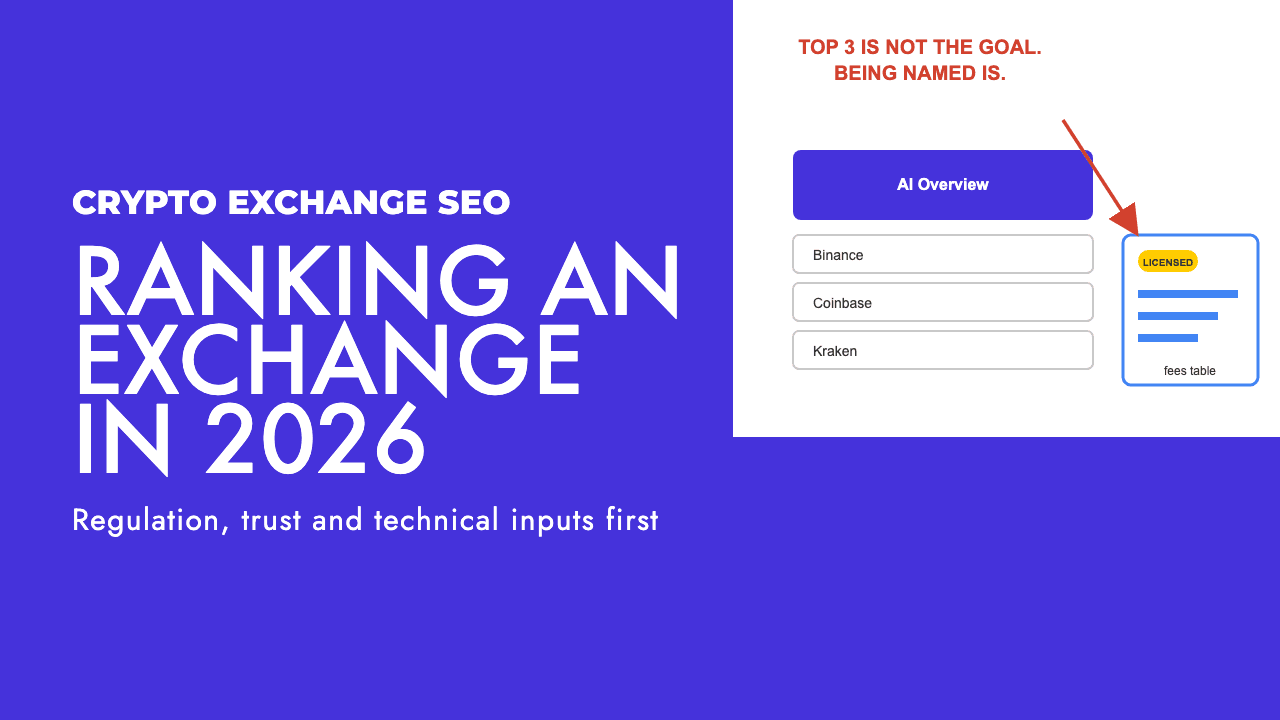 Flat illustration of a search results page with an AI answer box, comparison listings and three large exchange logos above a small exchange site, by SEO Turtle