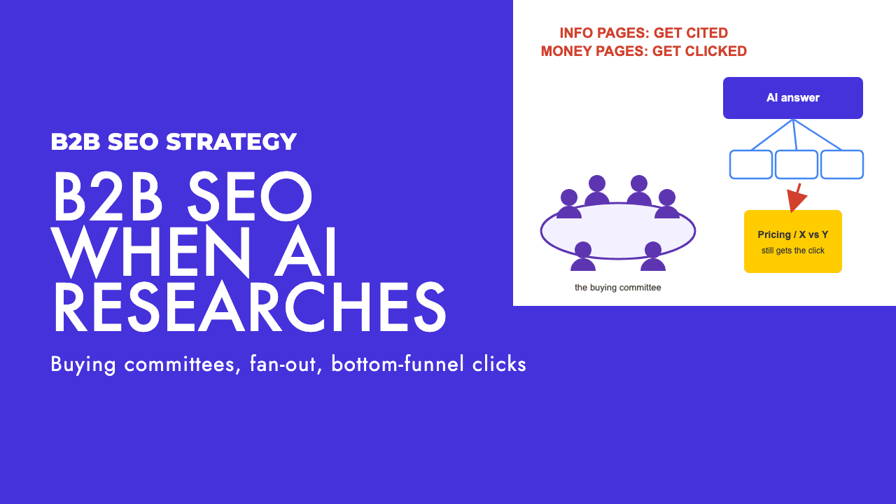 Diagram of a B2B buying committee researching through AI Overviews and comparison pages before contacting a vendor, by SEO Turtle