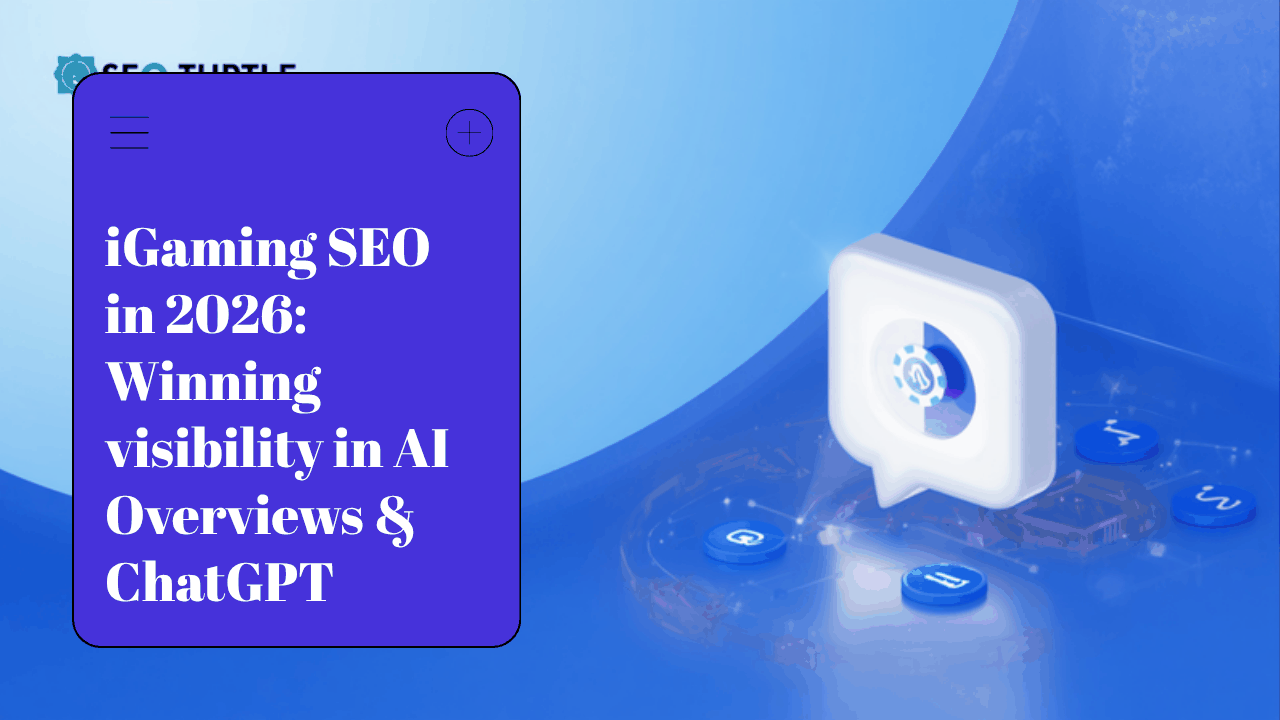 iGaming SEO in 2026 illustrated by SEO Turtle, a casino chip sitting inside an AI answer box above the classic search results