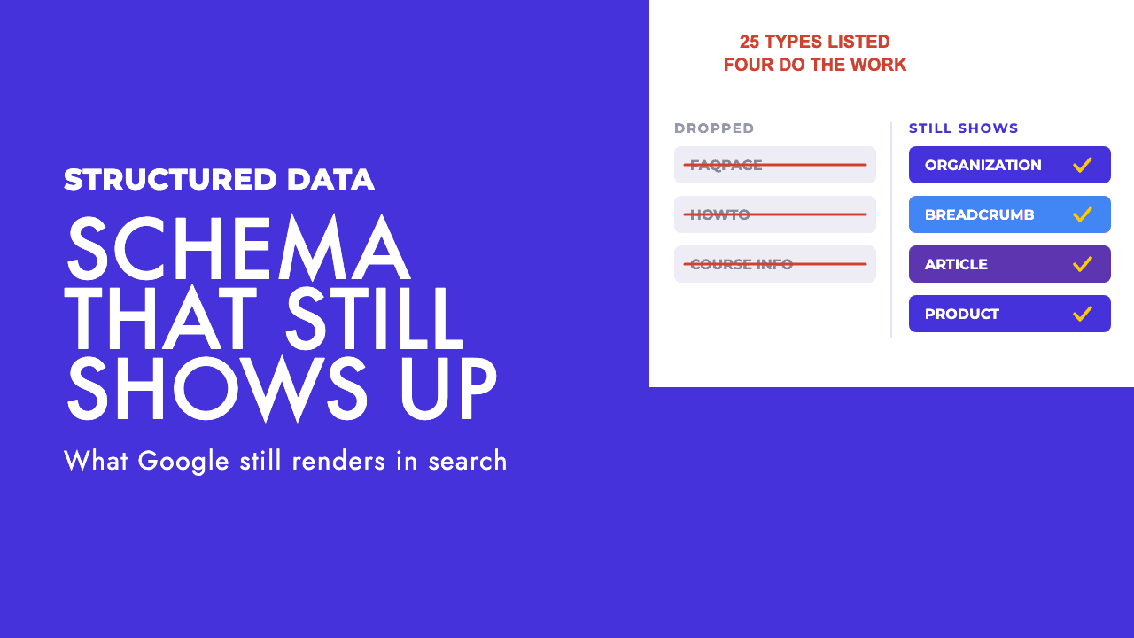 Illustration of a stack of schema markup labels with FAQ, HowTo and Course crossed out and Organization, Breadcrumb, Article and Product kept, by SEO Turtle