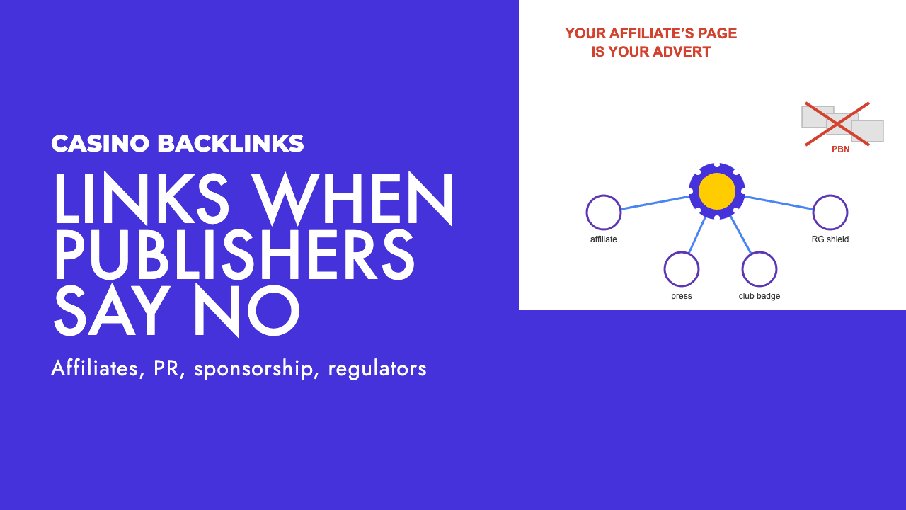 A casino chip at the centre of a link graph, with affiliate, press, sponsorship and responsible gambling nodes connected and a PBN cluster crossed out, by SEO Turtle