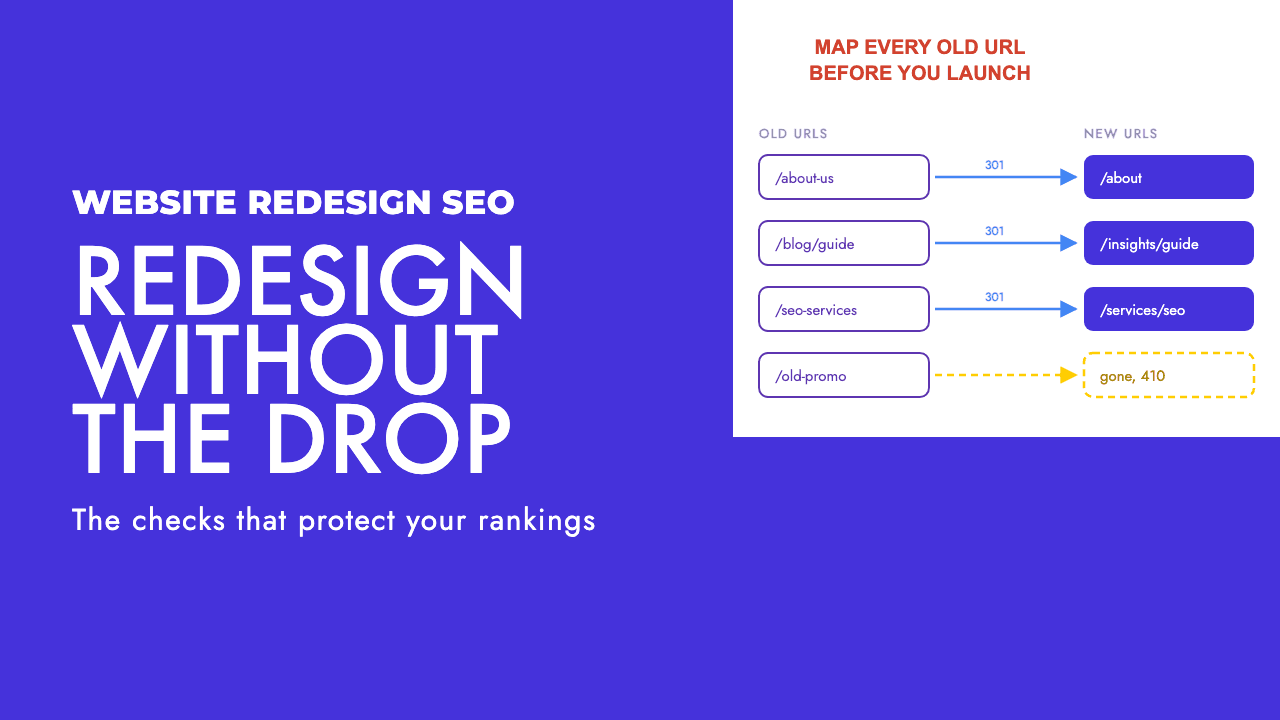 Old website URLs mapped to new URLs through 301 redirects during a site redesign