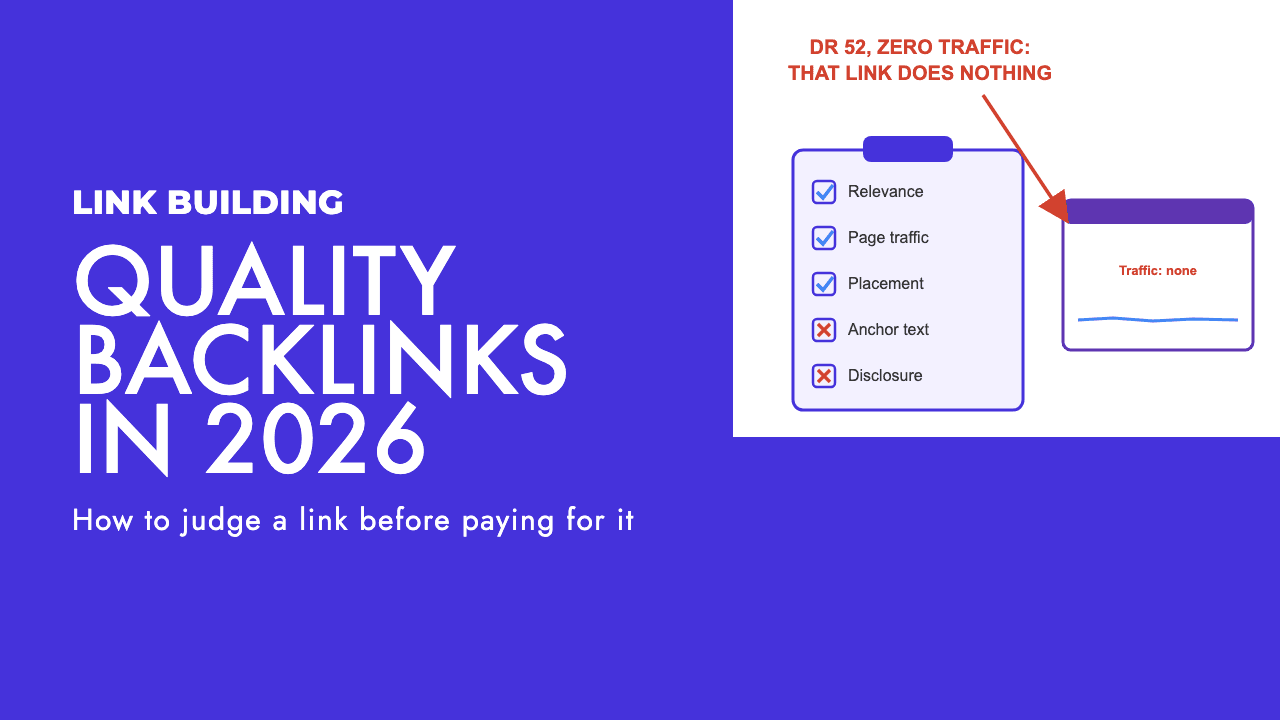 Checklist for judging quality backlinks: relevance, page traffic, placement, anchor text and whether the linking site is itself linked to, by SEO Turtle
