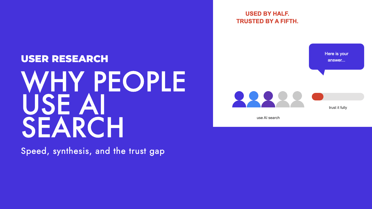 Illustration of people using AI search next to a low trust meter, for the SEO Turtle article on why people use AI search