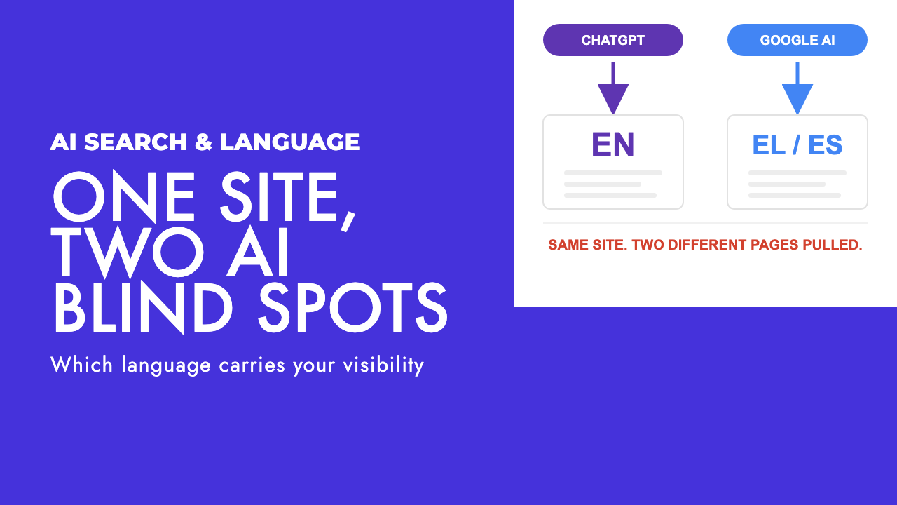 Split diagram showing ChatGPT pulling English pages while Google AI Overviews pulls local language pages, by SEO Turtle