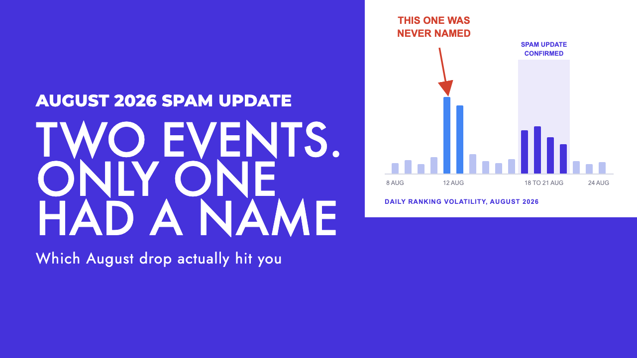 Timeline showing unconfirmed Google ranking volatility on 12 to 13 August 2026 and the named August 2026 spam update from 18 to 21 August, by SEO Turtle