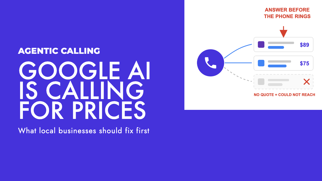 Diagram showing Google's automated call reaching a local business while a structured price feed answers the same question without a phone call, by SEO Turtle