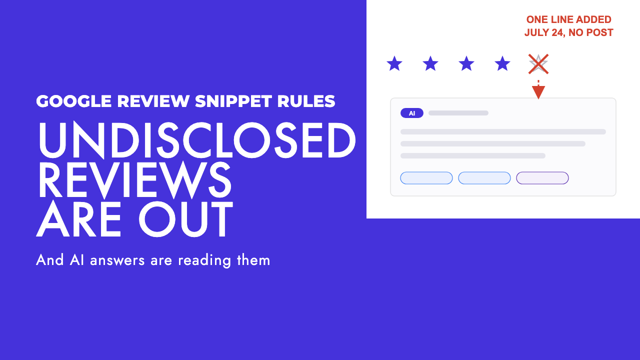 A five star rating with one star crossed out in red beside an AI answer panel, illustrating Google's new rule on fake and undisclosed incentivized reviews, by SEO Turtle