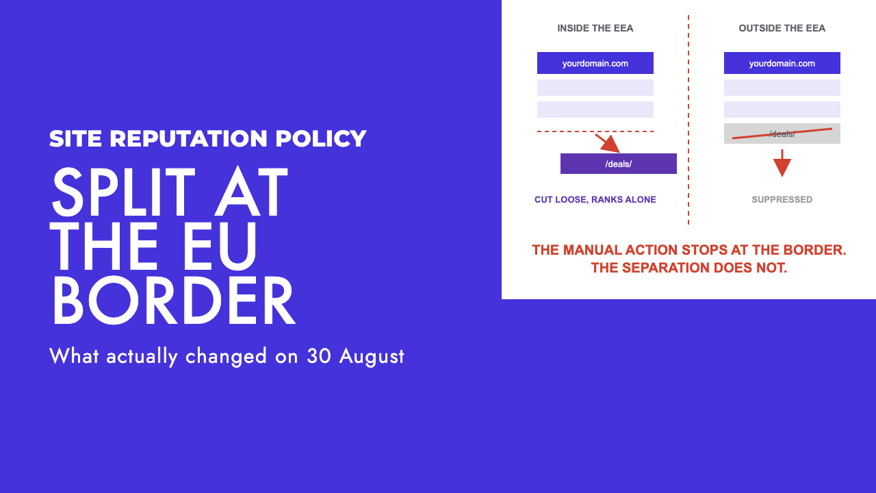 A host domain with a rented subfolder being separated from it, shown either side of an EEA border line, illustrating Google's site reputation policy change, by SEO Turtle