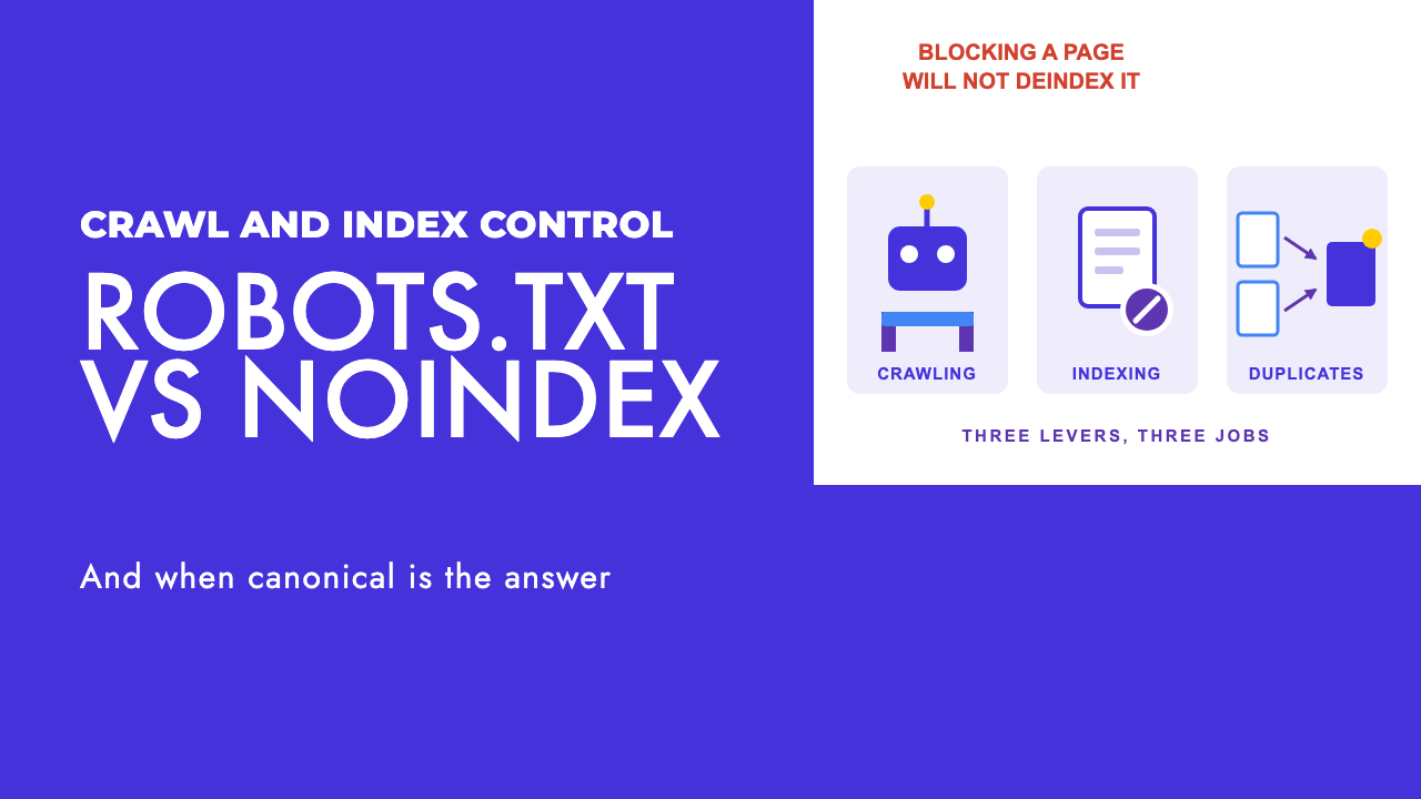 Three-column diagram comparing robots.txt, noindex and canonical by what each controls (crawling, indexing, credit), by SEO Turtle