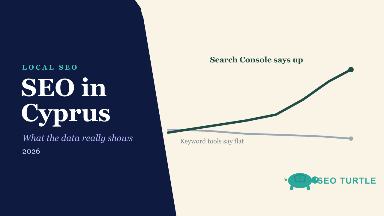 A split chart contrasting a flat keyword tool volume line with a rising Search Console impressions line for Cyprus SEO queries